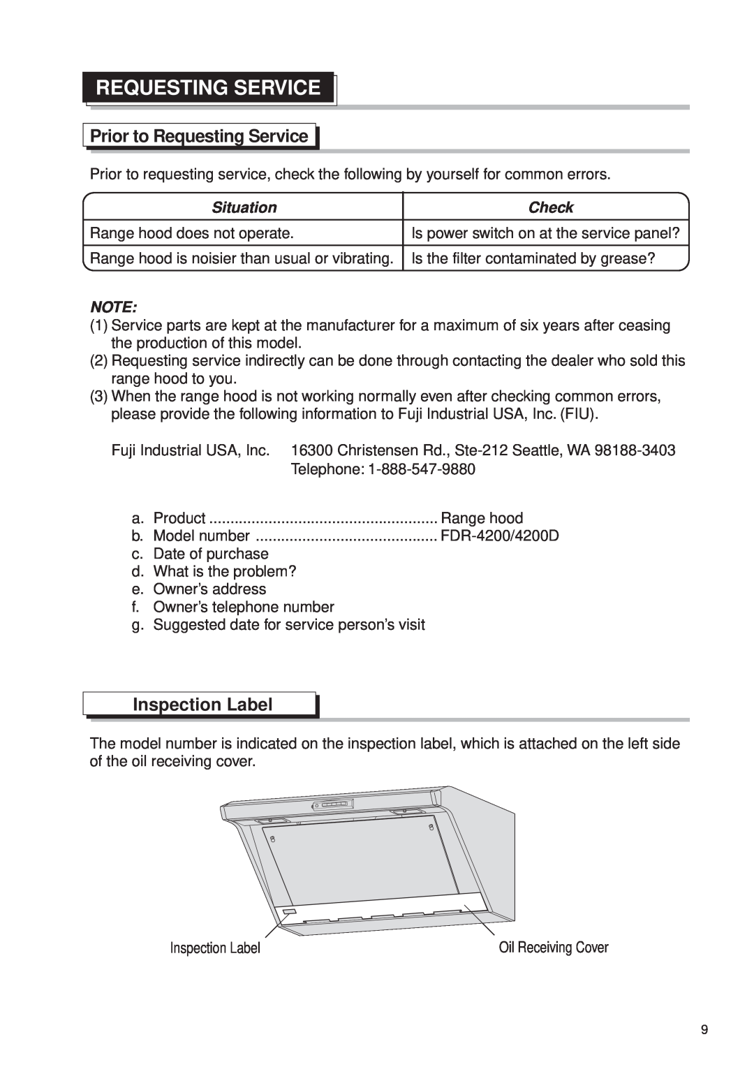 Fujioh FDR-4200D operation manual Prior to Requesting Service, Inspection Label, Situation, Check 