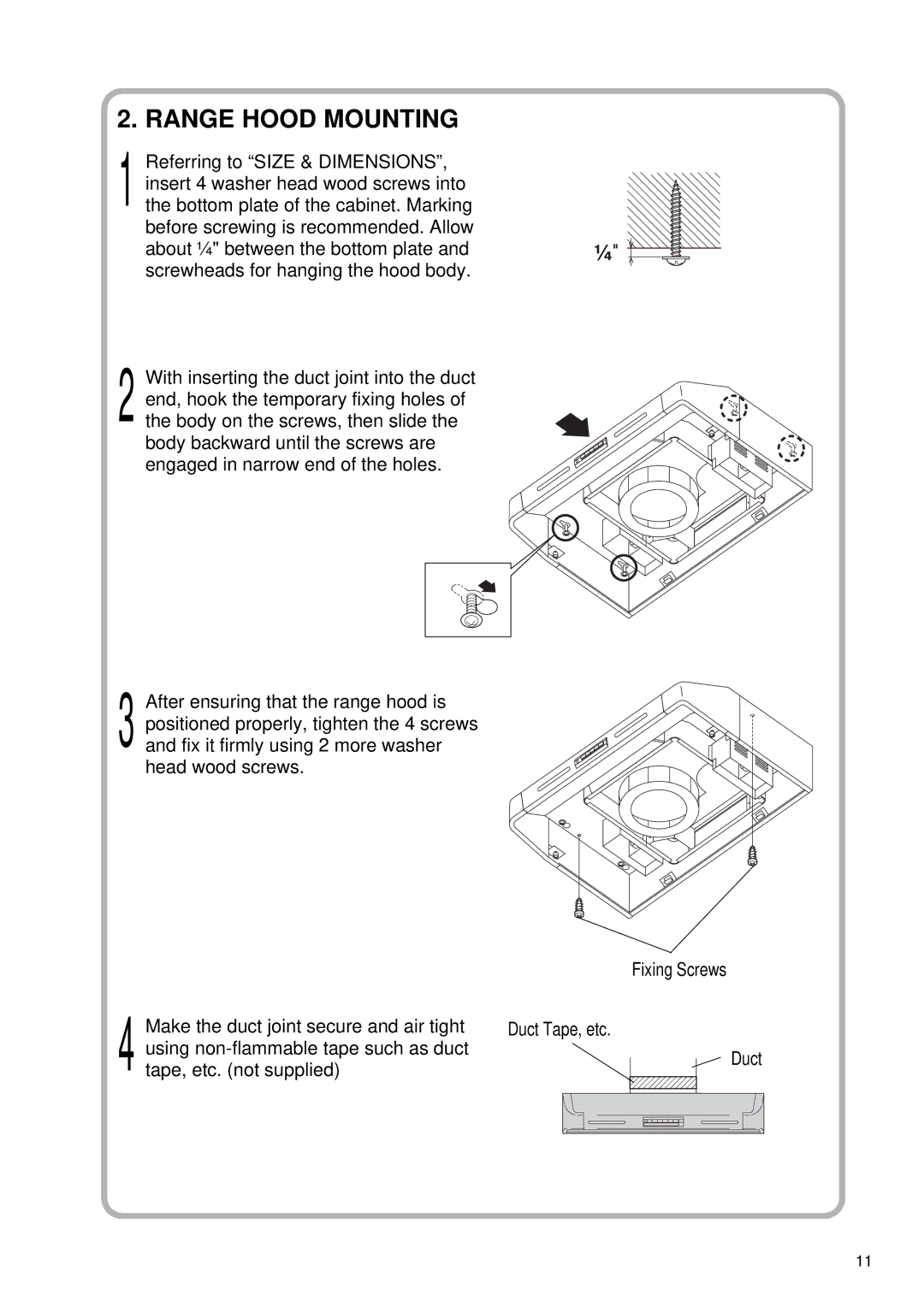 Fujioh FSR-3000 installation manual Range Hood Mounting, Referring to Size & Dimensions 