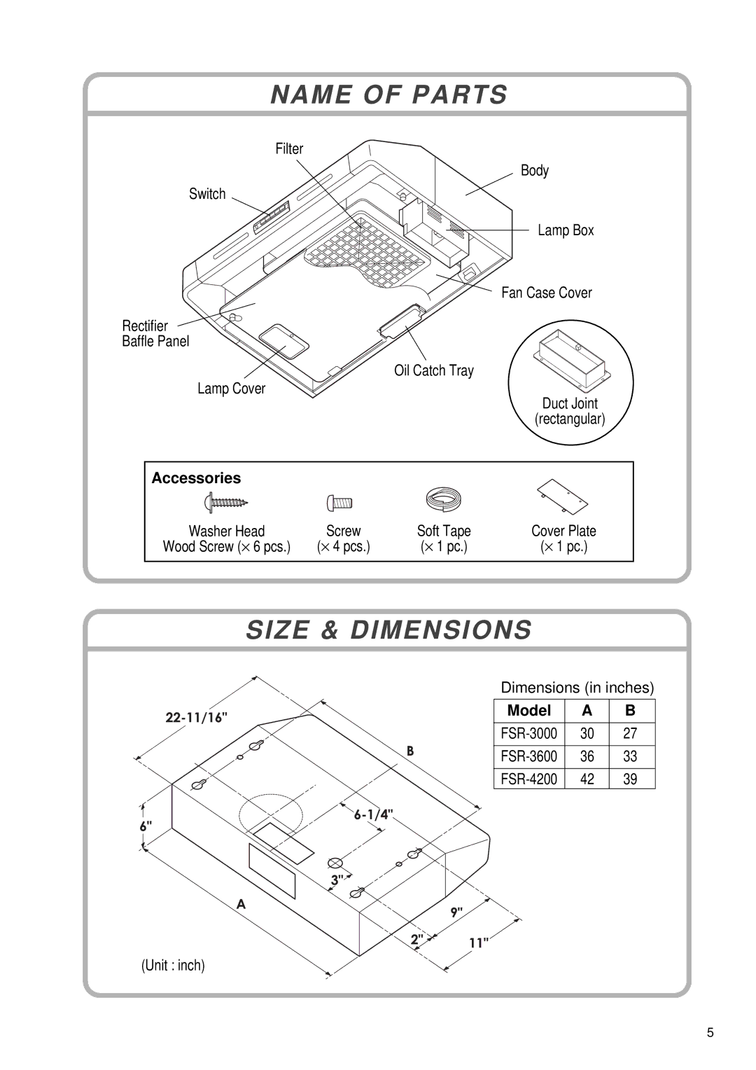 Fujioh FSR-3000 installation manual Name of Parts, Size & Dimensions, Accessories, Model 