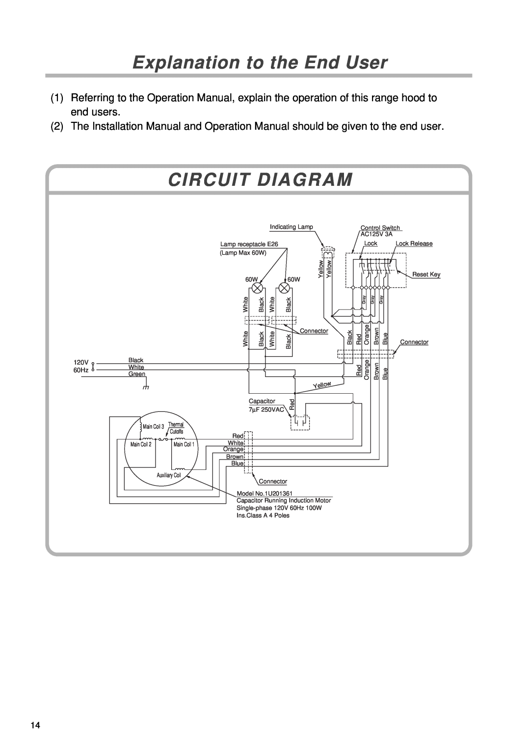 Fujioh FSR-3000 installation manual Explanation to the End User, Circuit Diagram, 120V, 60Hz 