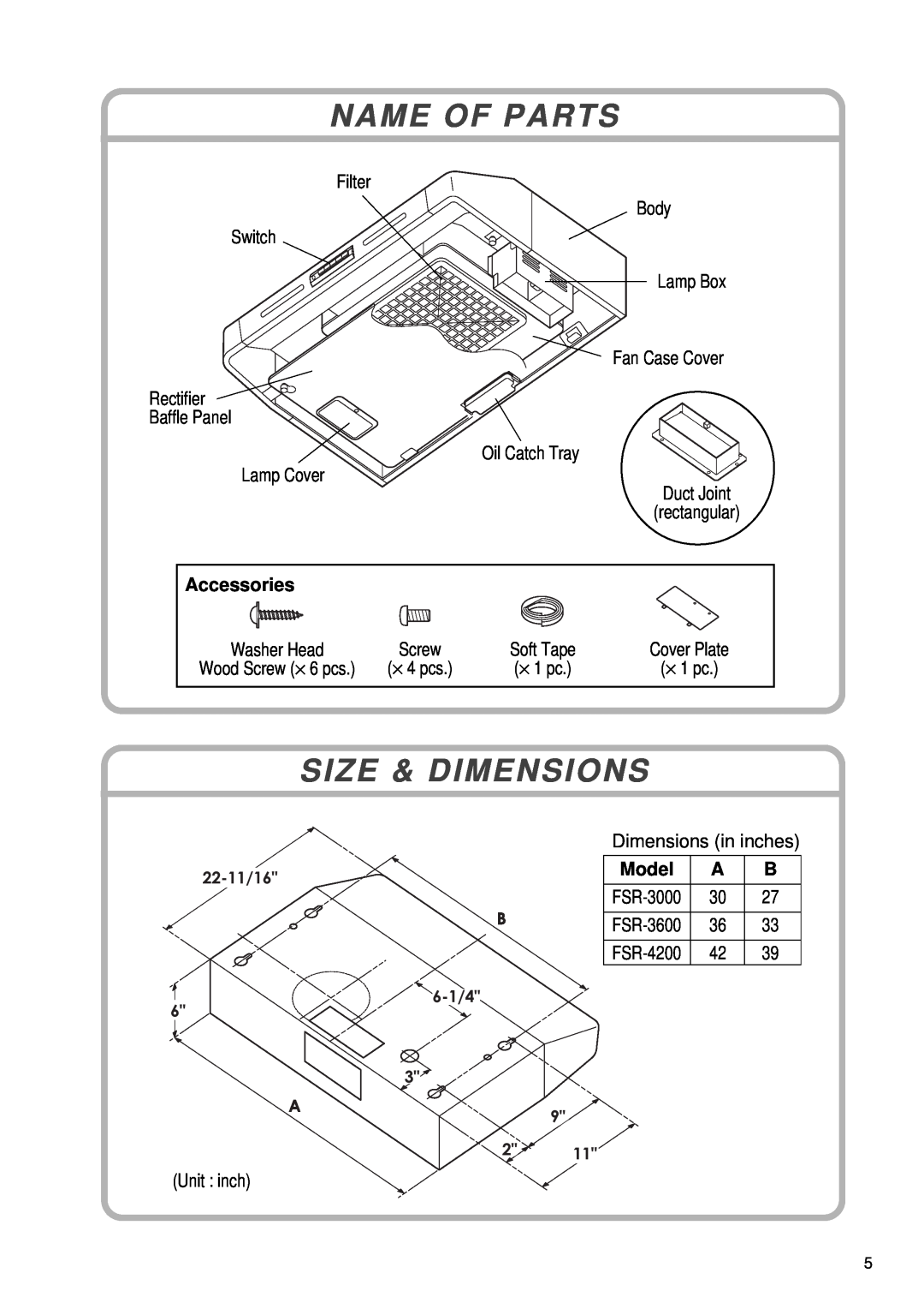 Fujioh FSR-3000 installation manual Name Of Parts, Size & Dimensions, Accessories, Model 