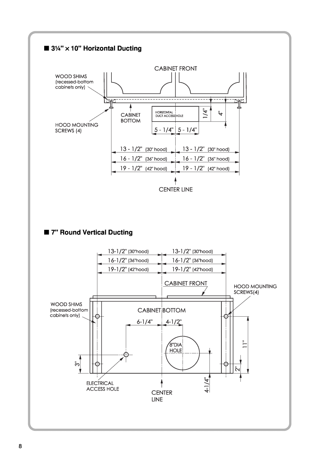 Fujioh FSR-3000 installation manual 3¼ × 10 Horizontal Ducting 7 Round Vertical Ducting 