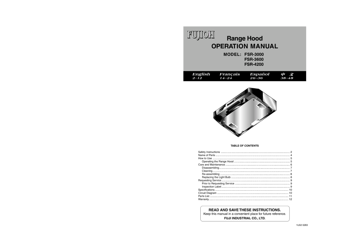 Fujioh FSR-4200, FSR-3600 manual Range Hood 