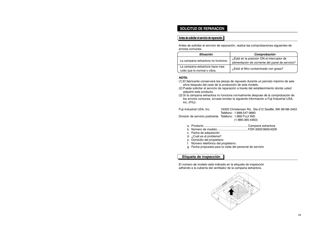 Fujioh FSR-4200, FSR-3600 manual Etiqueta de inspección, Solicitud DE Reparacion 