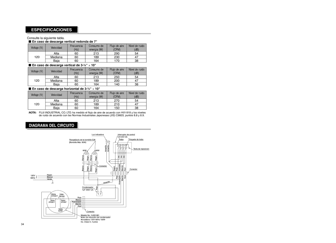 Fujioh FSR-3600 manual Especificaciones,  En caso de descarga vertical redonda de,  En caso de descarga vertical de 3-¼ υ 