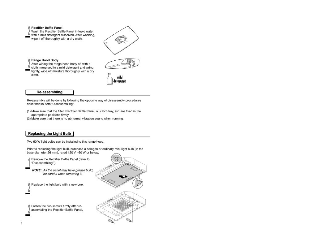 Fujioh FSR-3600, FSR-4200 manual Re-assembling, Replacing the Light Bulb, Range Hood Body 