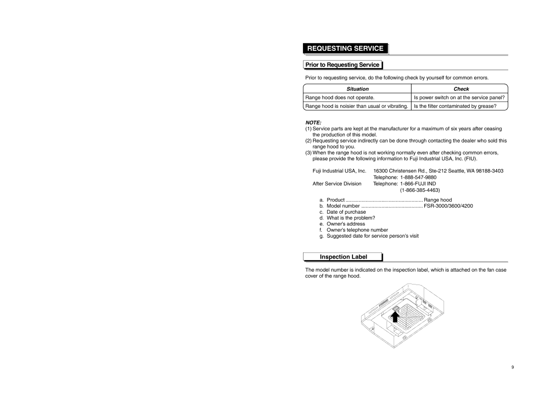 Fujioh FSR-4200, FSR-3600 manual Prior to Requesting Service, Inspection Label 