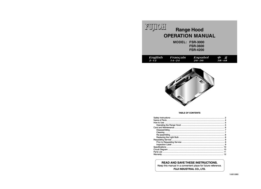 Fujioh manual MODEL FSR-3000 FSR-3600 FSR-4200, Read And Save These Instructions, English, Français, Español, 2−12 