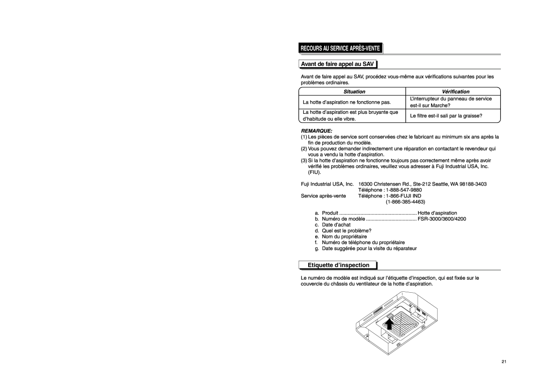 Fujioh FSR-4200, FSR-3600 manual Avant de faire appel au SAV, Etiquette d’inspection, Vérification, Remarque, Situation 