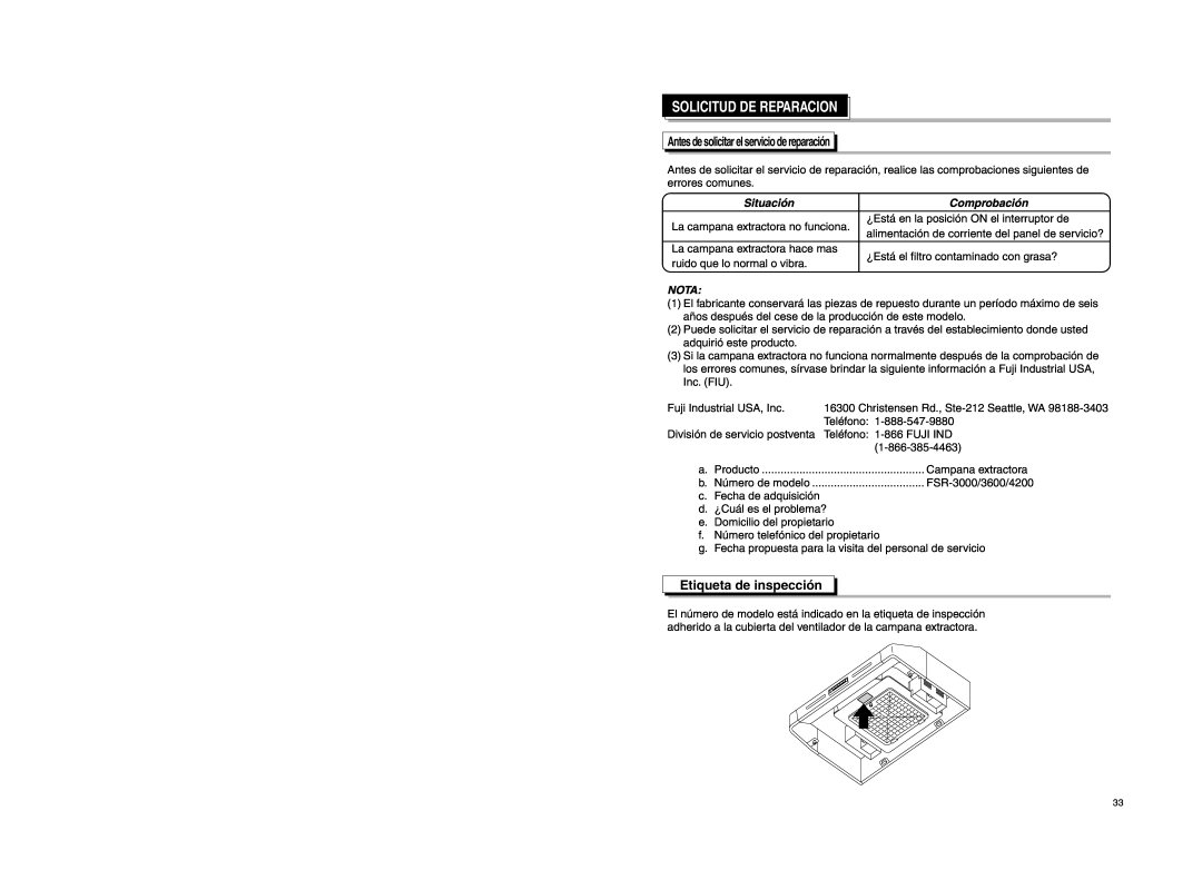Fujioh FSR-4200, FSR-3600 manual Etiqueta de inspección, Solicitud De Reparacion, Situación, Comprobación, Nota 