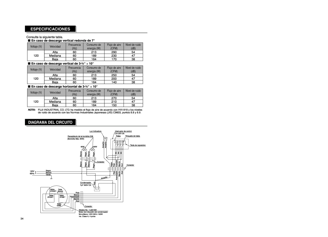 Fujioh FSR-3600 manual Especificaciones, En caso de descarga vertical redonda de, En caso de descarga vertical de 3-¼ υ 