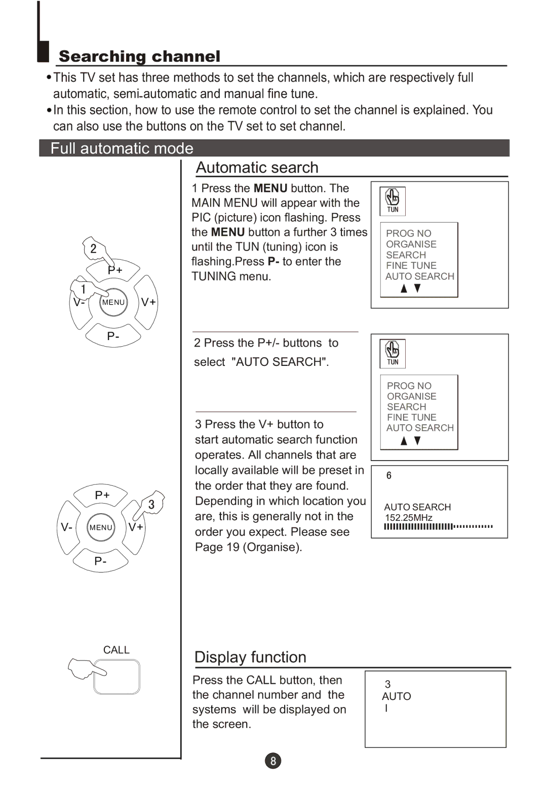 Fujita Cameras CGTV510651 manual Searching channel, Full automatic mode, Automatic search, Display function 