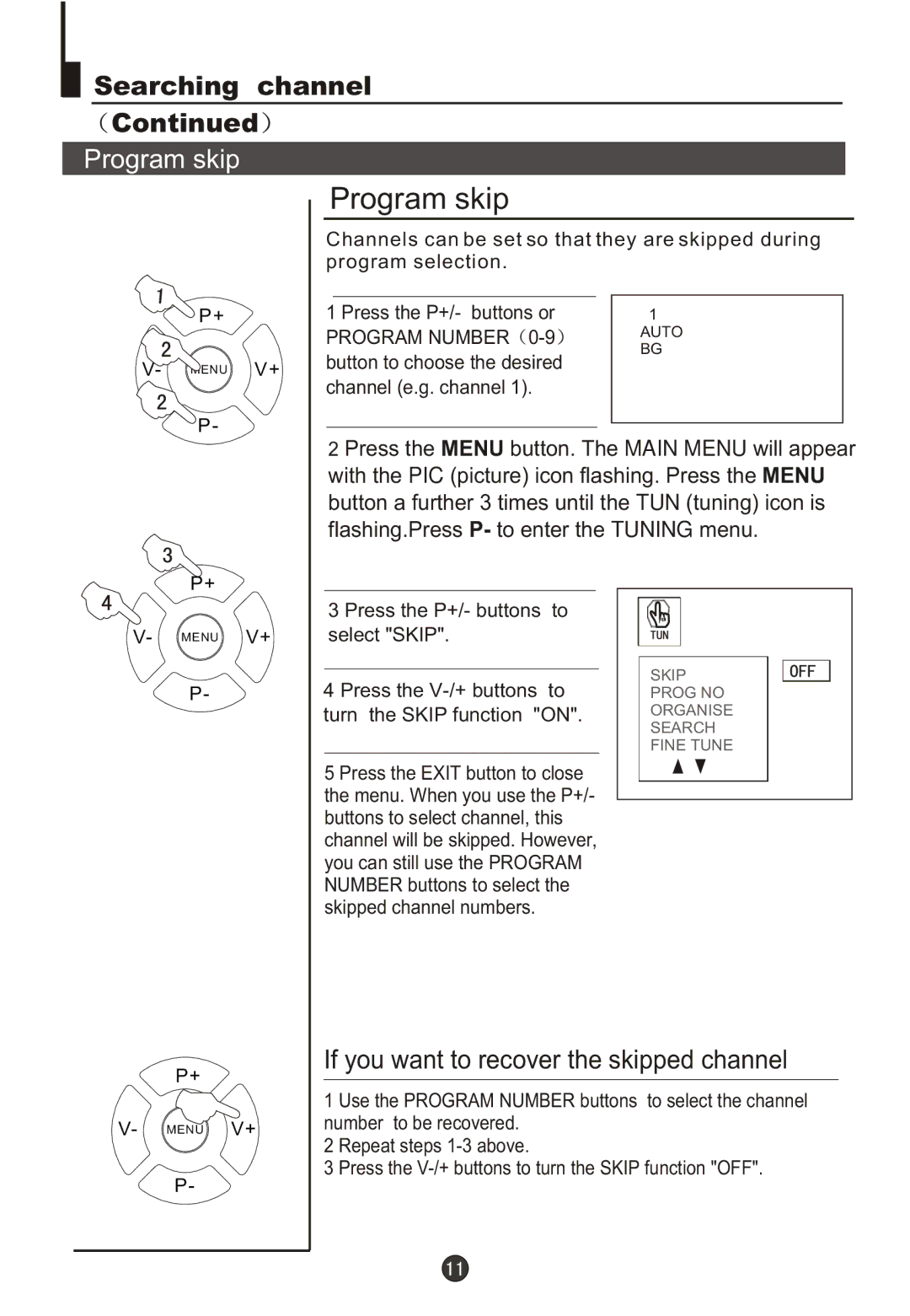 Fujita Cameras CGTV510651 manual Program skip, If you want to recover the skipped channel 