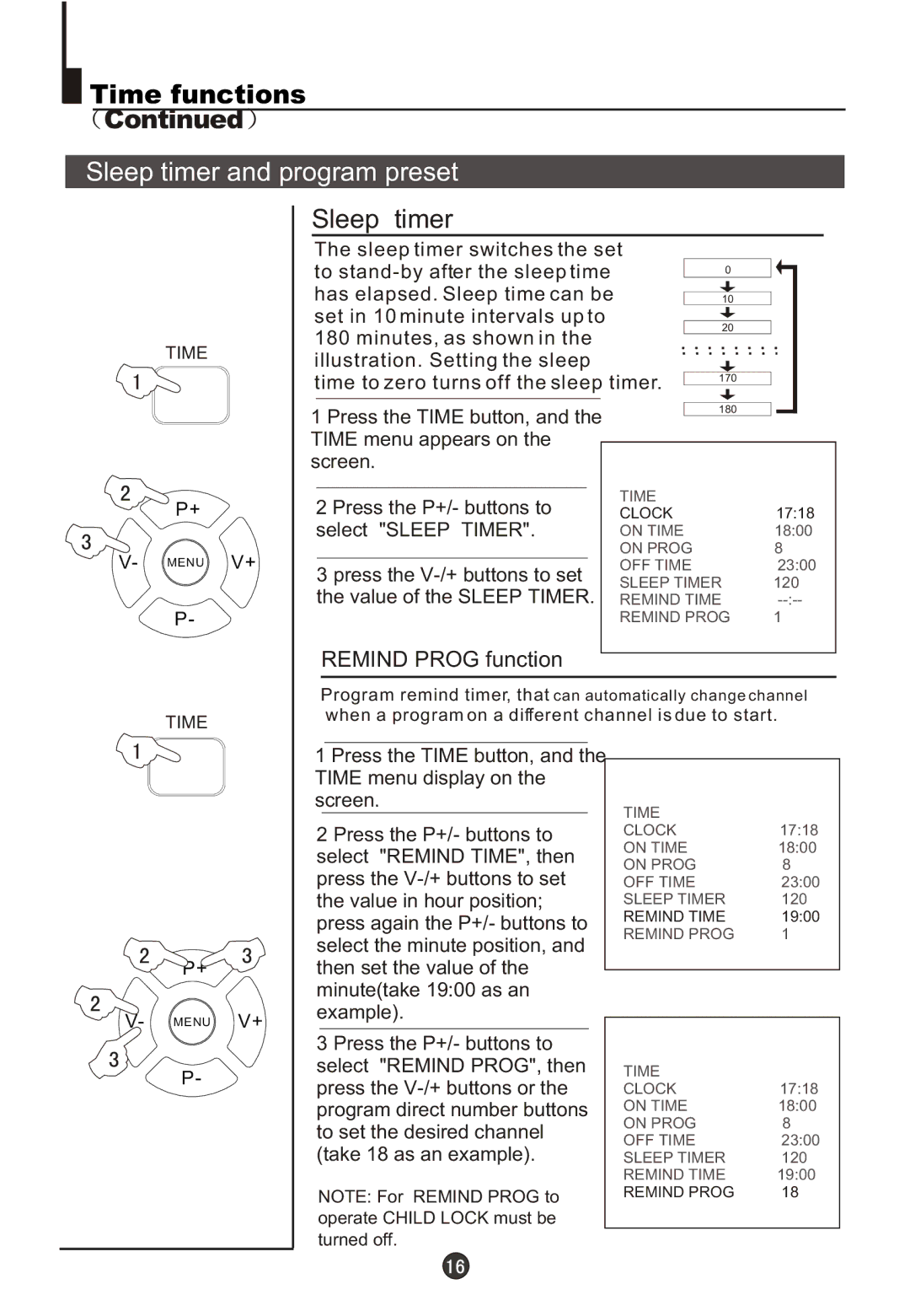 Fujita Cameras CGTV510651 manual Sleep timer and program preset, Remind Prog function 