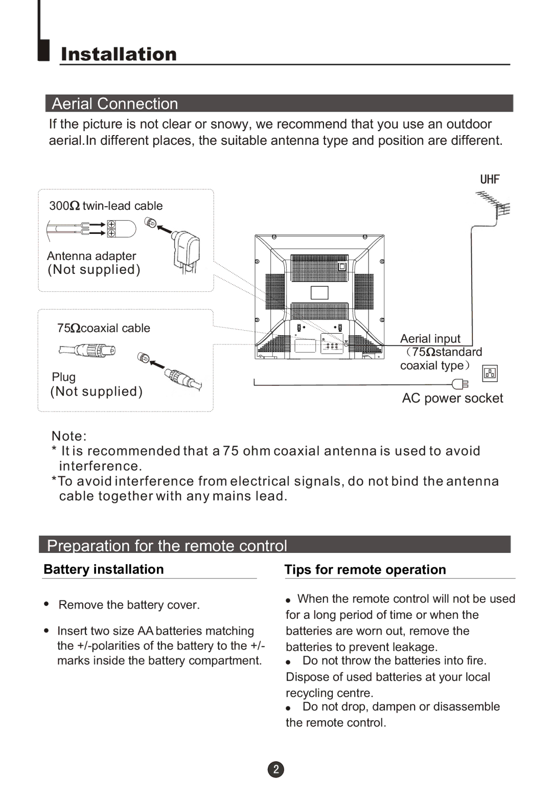 Fujita Cameras CGTV510651 manual Aerial Connection, Preparation for the remote control, Not supplied 