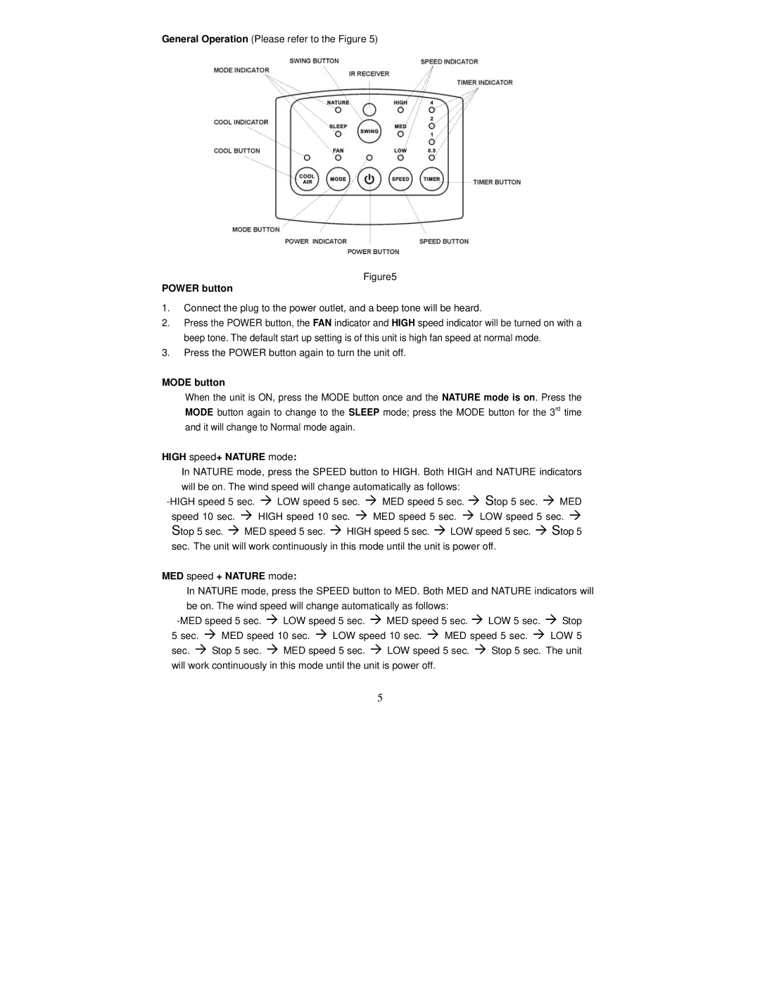 Fujitronic FH-777 instruction manual Power button, Mode button, High speed+ Nature mode, MED speed + Nature mode 