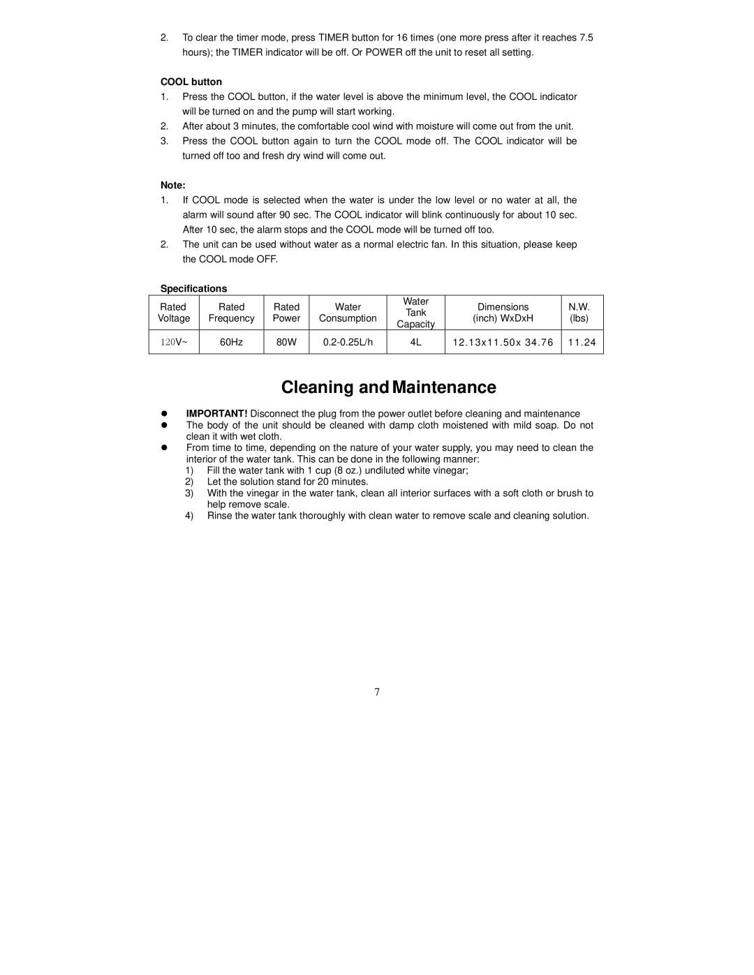 Fujitronic FH-777 instruction manual Cool button, Specifications 