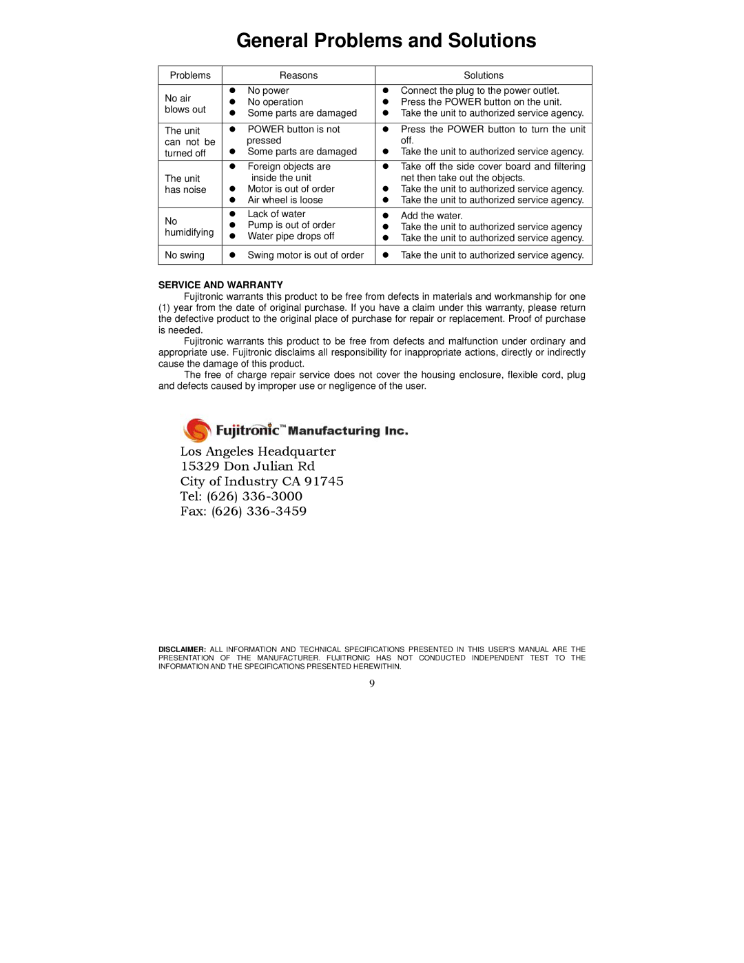 Fujitronic FH-777 instruction manual General Problems and Solutions, Service and Warranty 