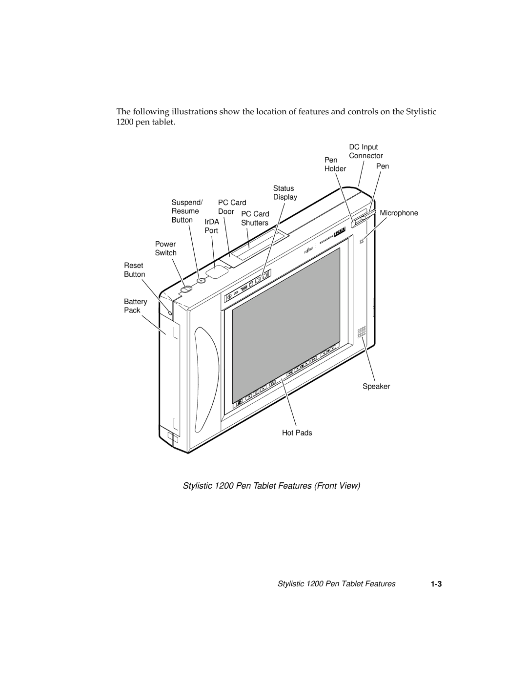 Fujitsu manual Stylistic 1200 Pen Tablet Features Front View 