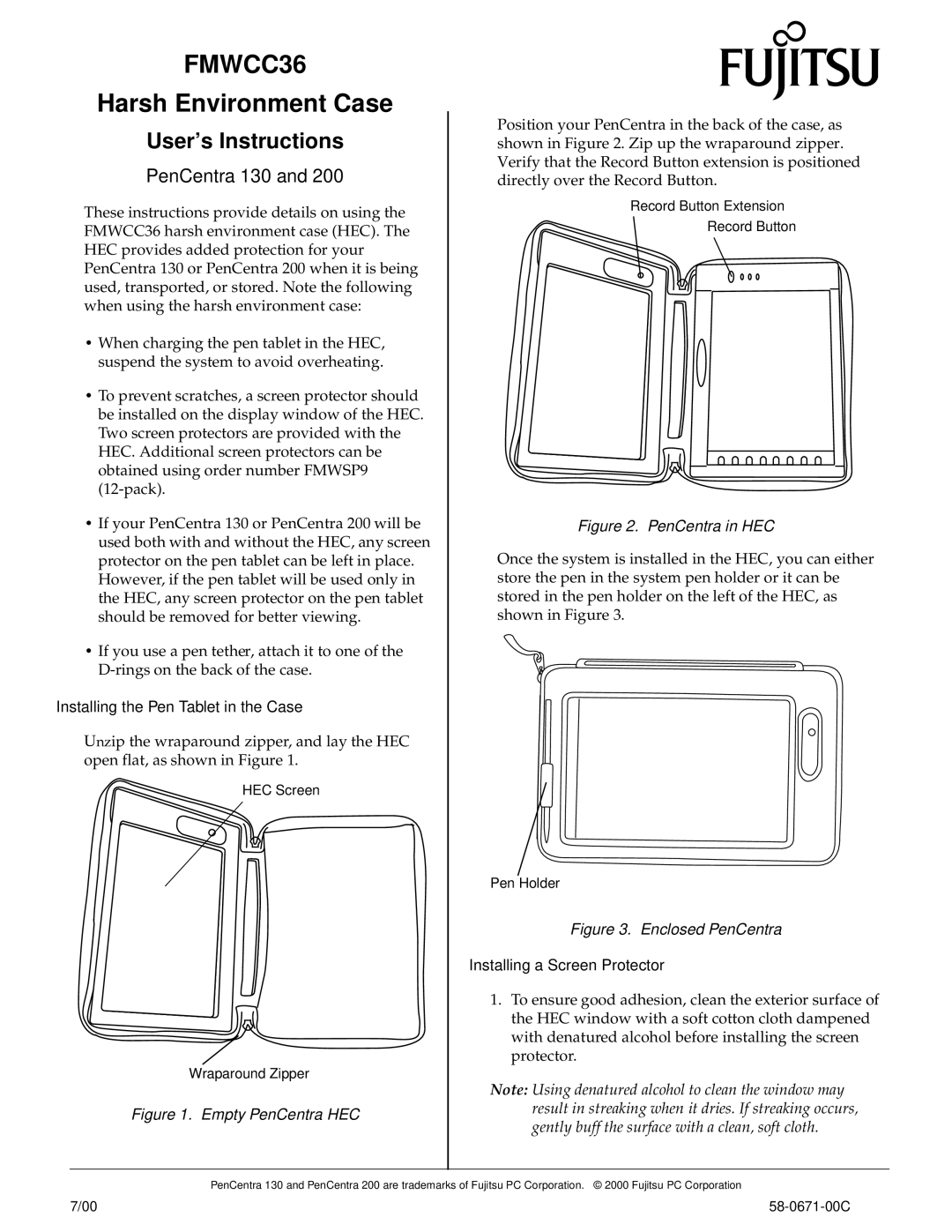 Fujitsu manual FMWCC36, Harsh Environment Case, User’s Instructions, PenCentra 130 