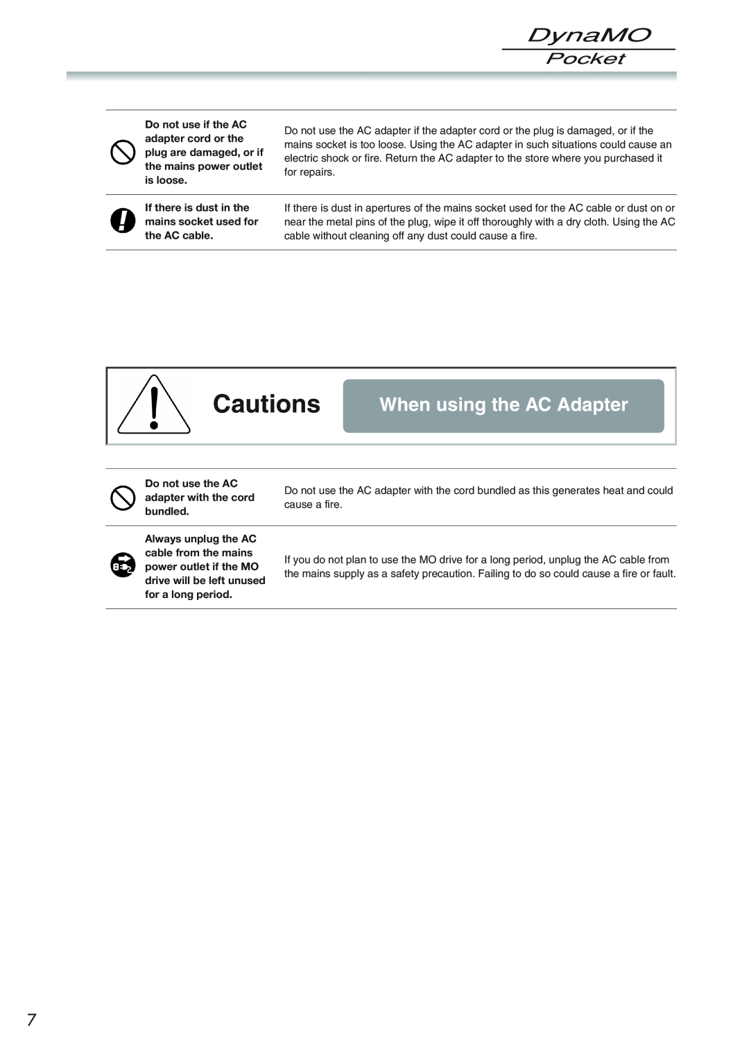 Fujitsu 1300U2 user manual Cautions, When using the AC Adapter 