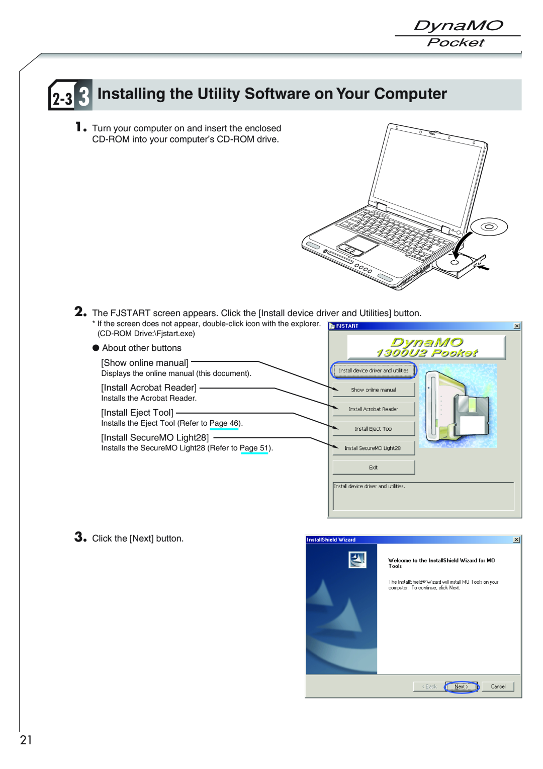 Fujitsu 1300U2 user manual 2-3 3 Installing the Utility Software on Your Computer 