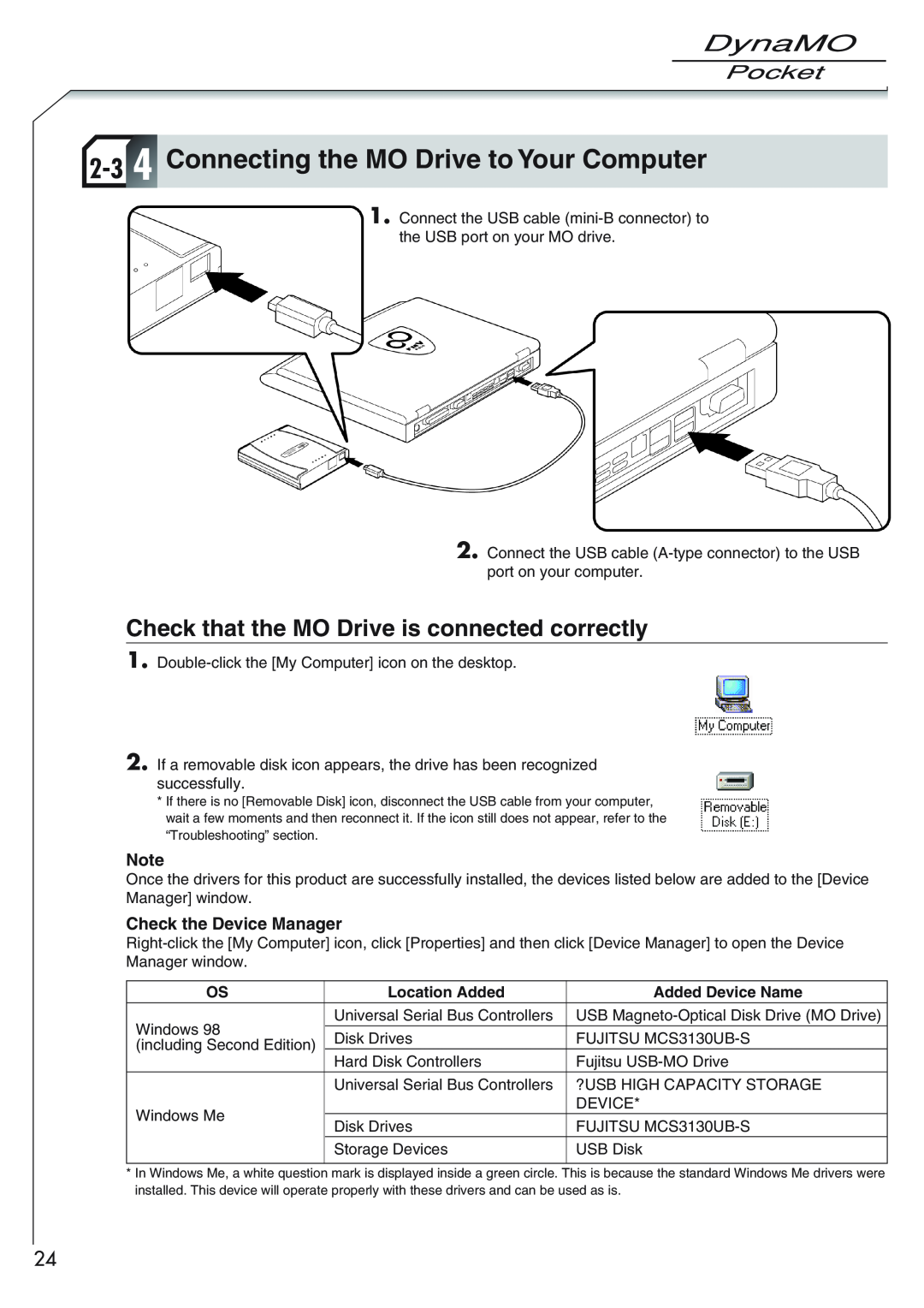 Fujitsu 1300U2 user manual 2-3 4 Connecting the MO Drive to Your Computer, Check that the MO Drive is connected correctly 