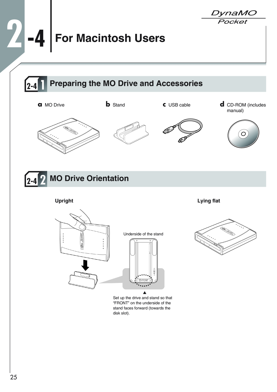 Fujitsu 1300U2 2 -4 For Macintosh Users, 2-4 1 Preparing the MO Drive and Accessories, 2-4 2 MO Drive Orientation, Upright 