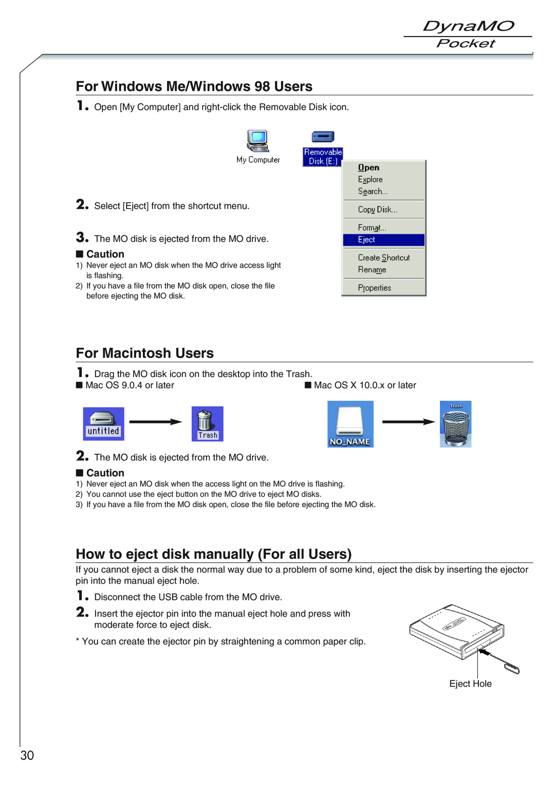 Fujitsu 1300U2 user manual For Windows Me/Windows 98 Users, For Macintosh Users, How to eject disk manually For all Users 