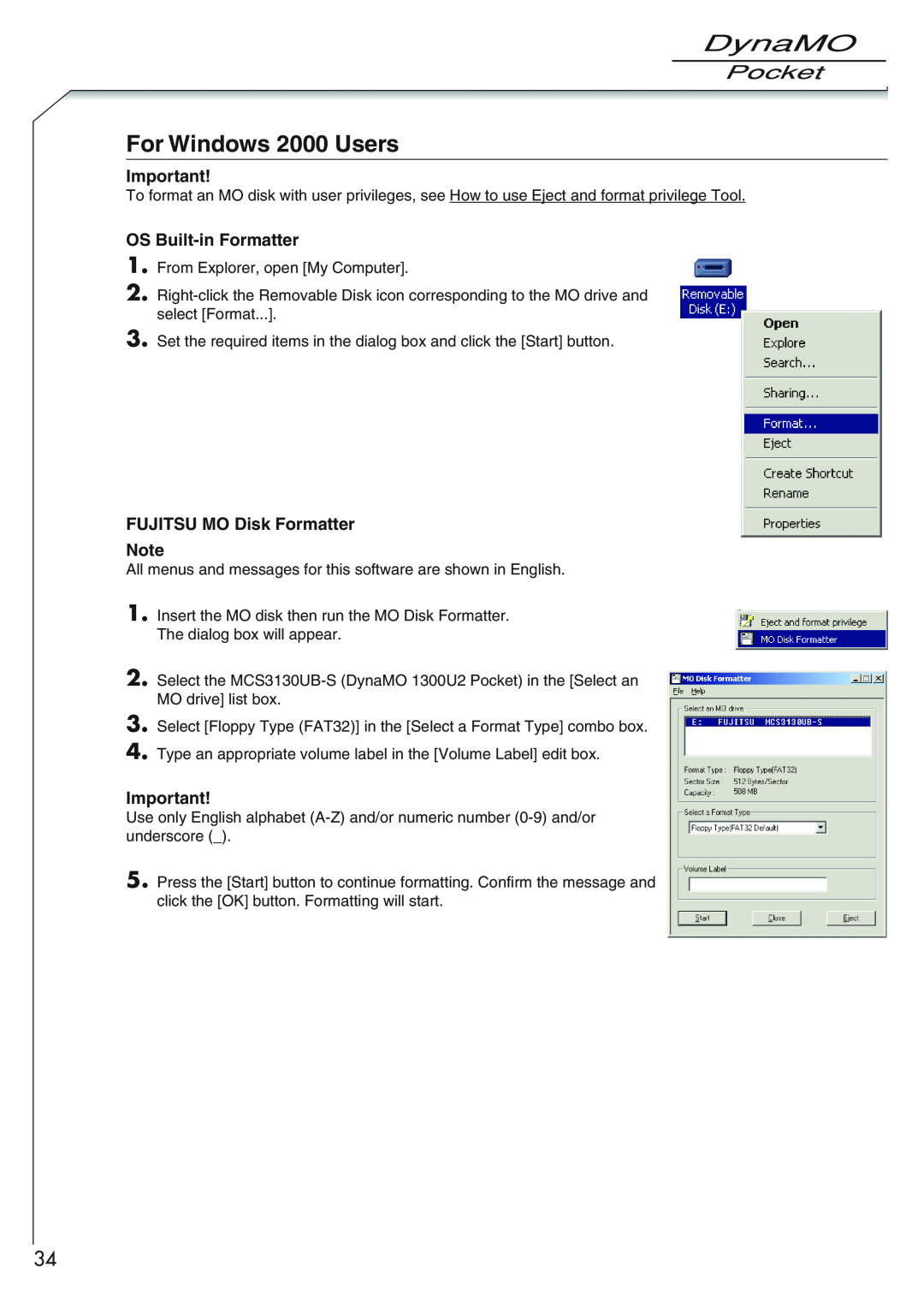 Fujitsu 1300U2 user manual For Windows 2000 Users, FUJITSU MO Disk Formatter, OS Built-in Formatter 