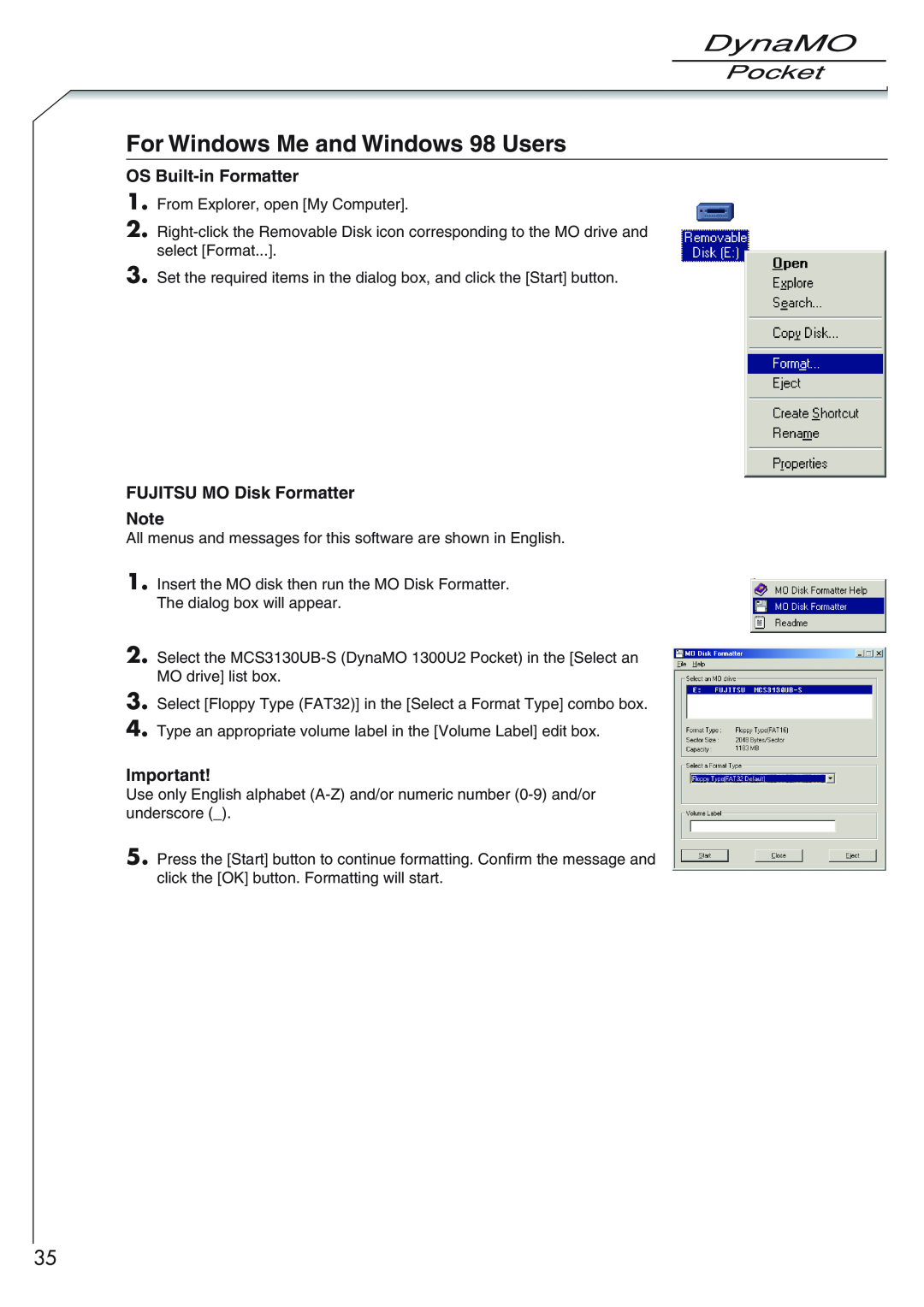 Fujitsu 1300U2 user manual For Windows Me and Windows 98 Users, OS Built-in Formatter, FUJITSU MO Disk Formatter 