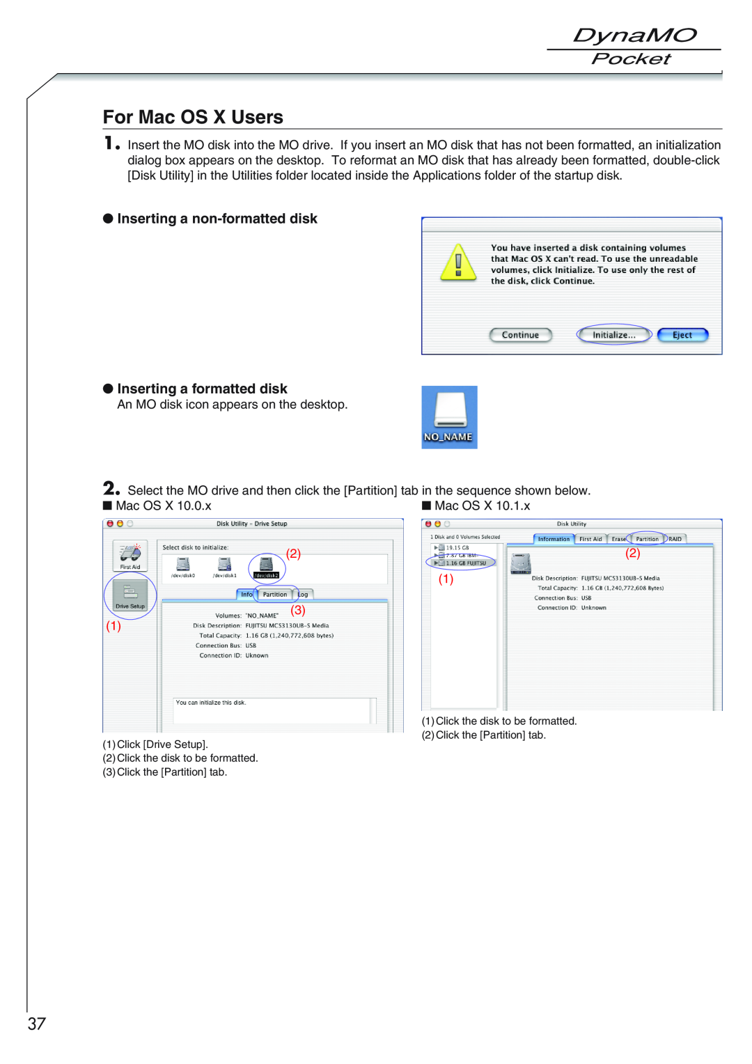 Fujitsu 1300U2 user manual For Mac OS X Users, Inserting a non-formatted disk Inserting a formatted disk 