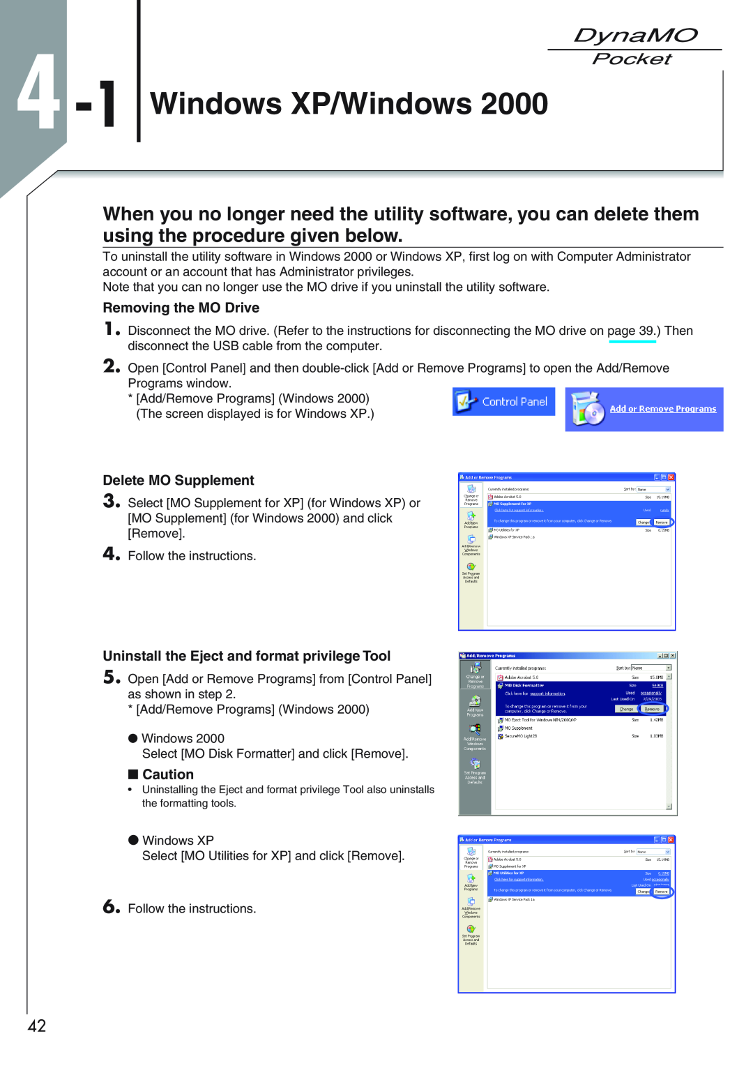 Fujitsu 1300U2 user manual 4 -1 Windows XP/Windows, Removing the MO Drive, Delete MO Supplement 