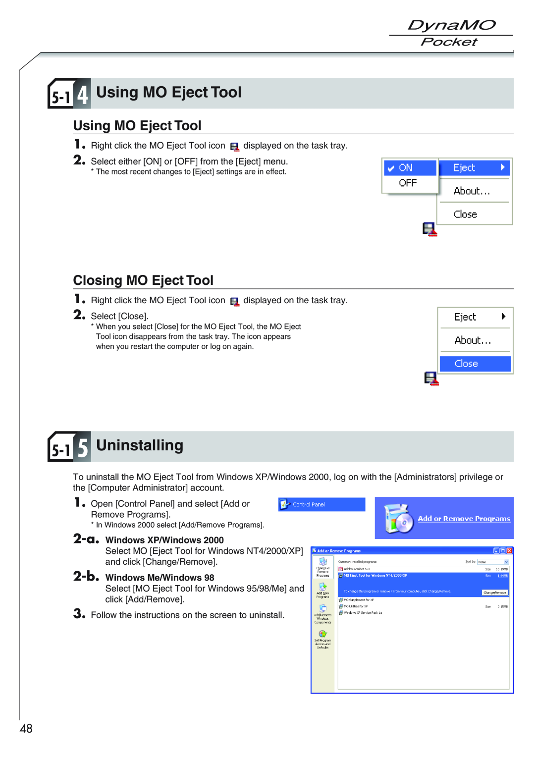 Fujitsu 1300U2 user manual 5-1 4 Using MO Eject Tool, 5-1 5 Uninstalling, Closing MO Eject Tool 