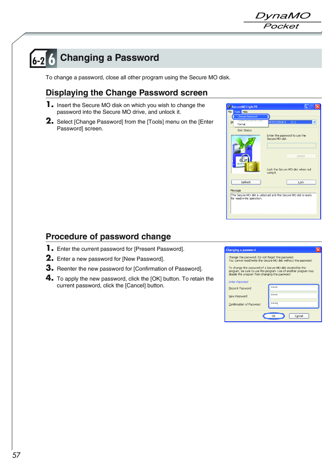 Fujitsu 1300U2 user manual 6-2 6 Changing a Password, Displaying the Change Password screen, Procedure of password change 