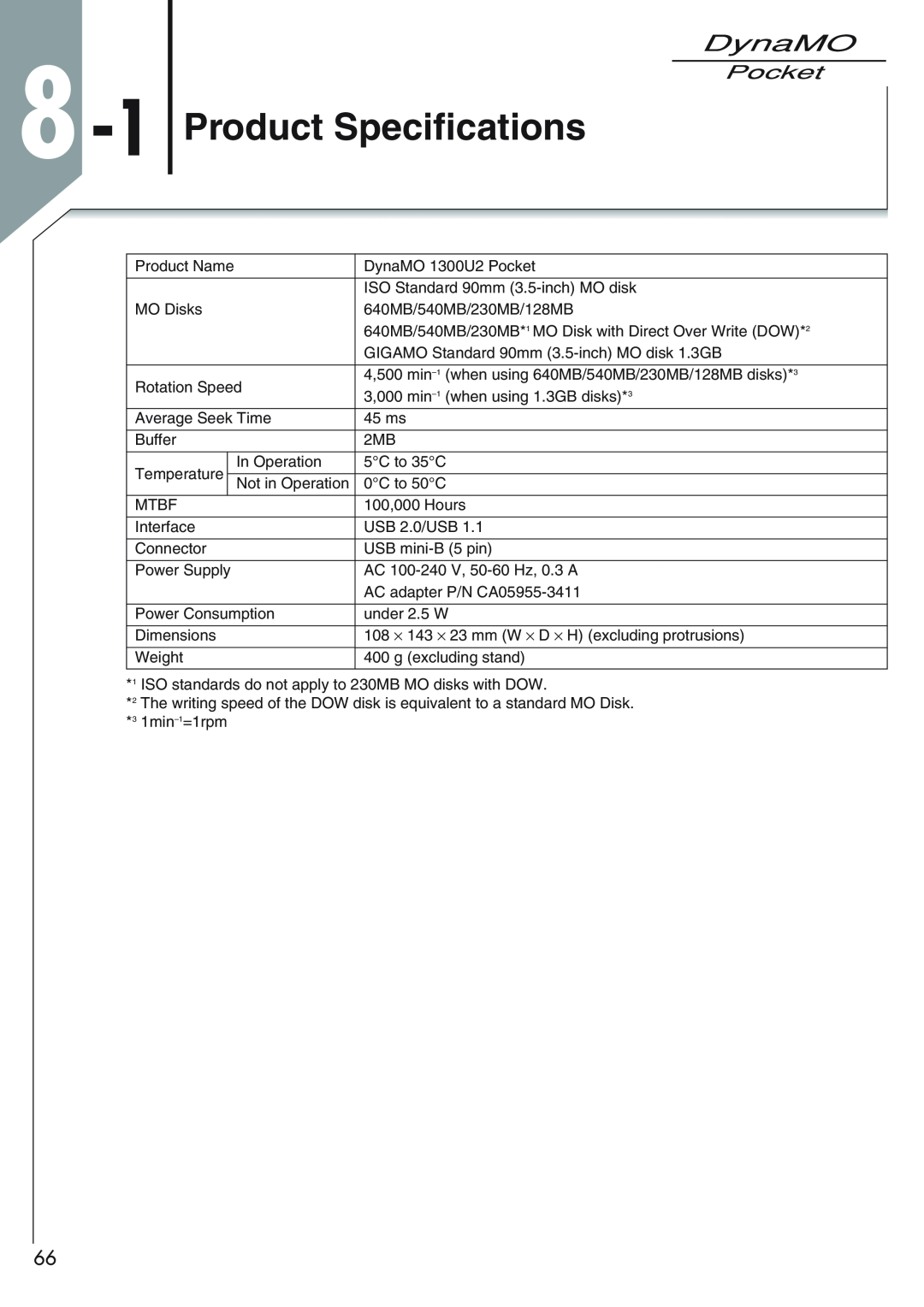 Fujitsu 1300U2 user manual 8 -1 Product Specifications 