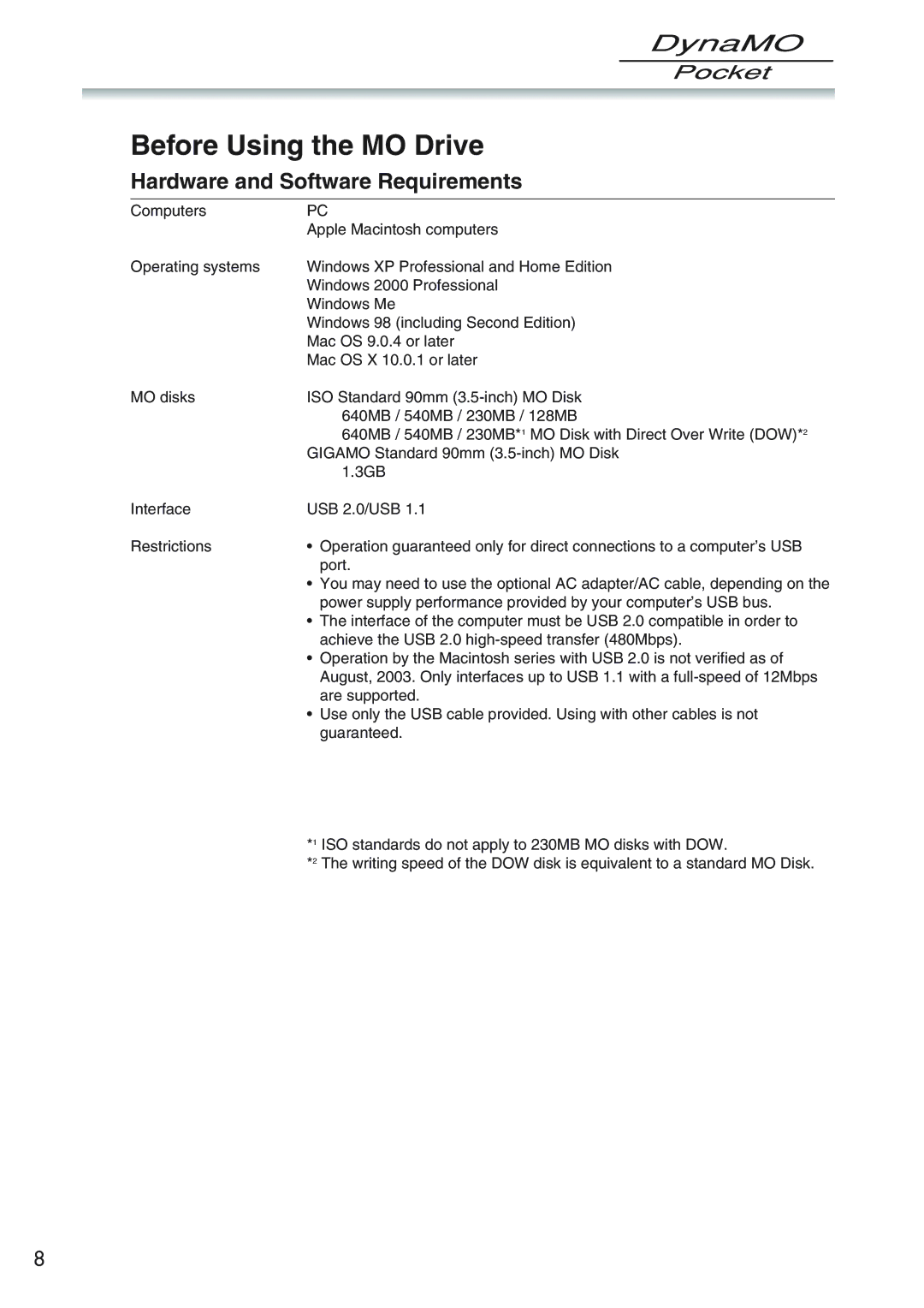 Fujitsu 1300U2 user manual Before Using the MO Drive 