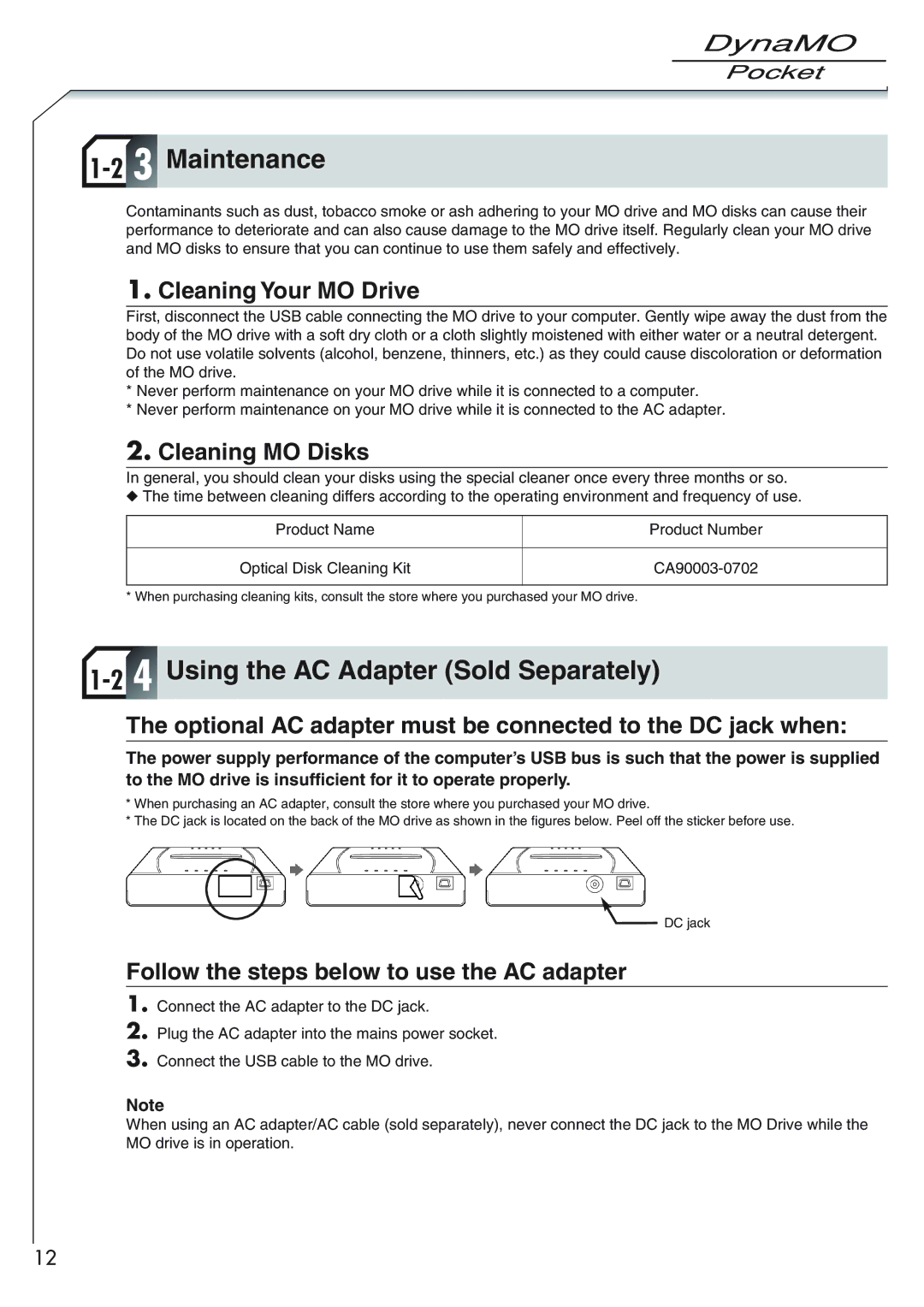 Fujitsu 1300U2 user manual Maintenance, Using the AC Adapter Sold Separately 