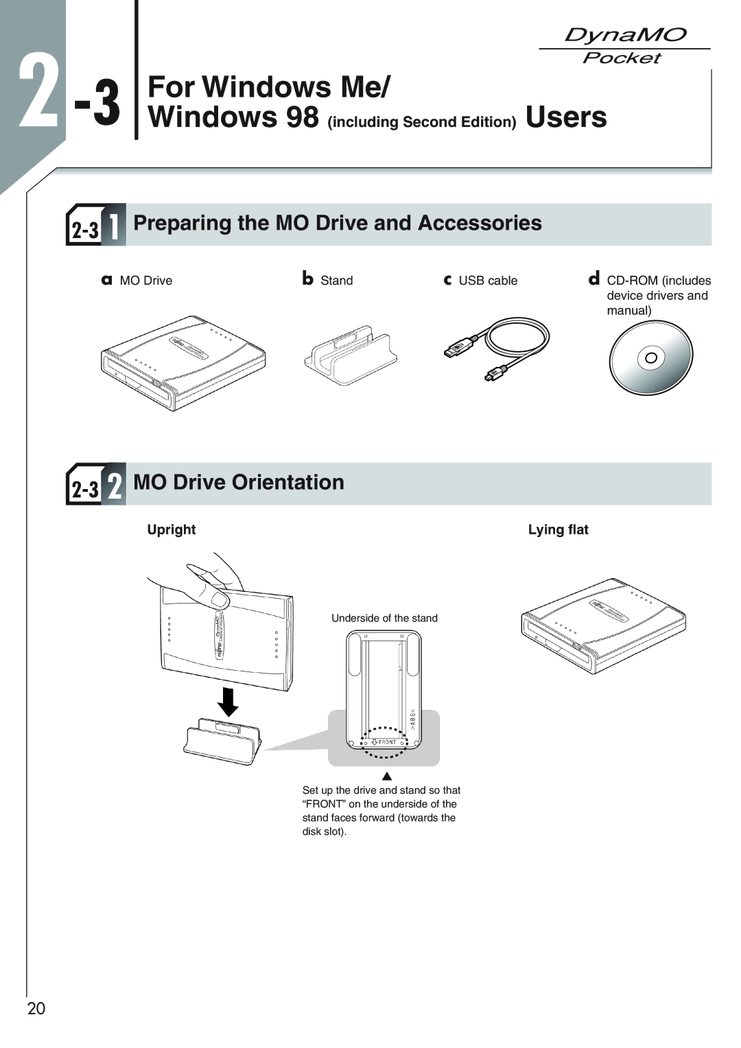 Fujitsu 1300U2 user manual 3For Windows Me, Preparing the MO Drive and Accessories 