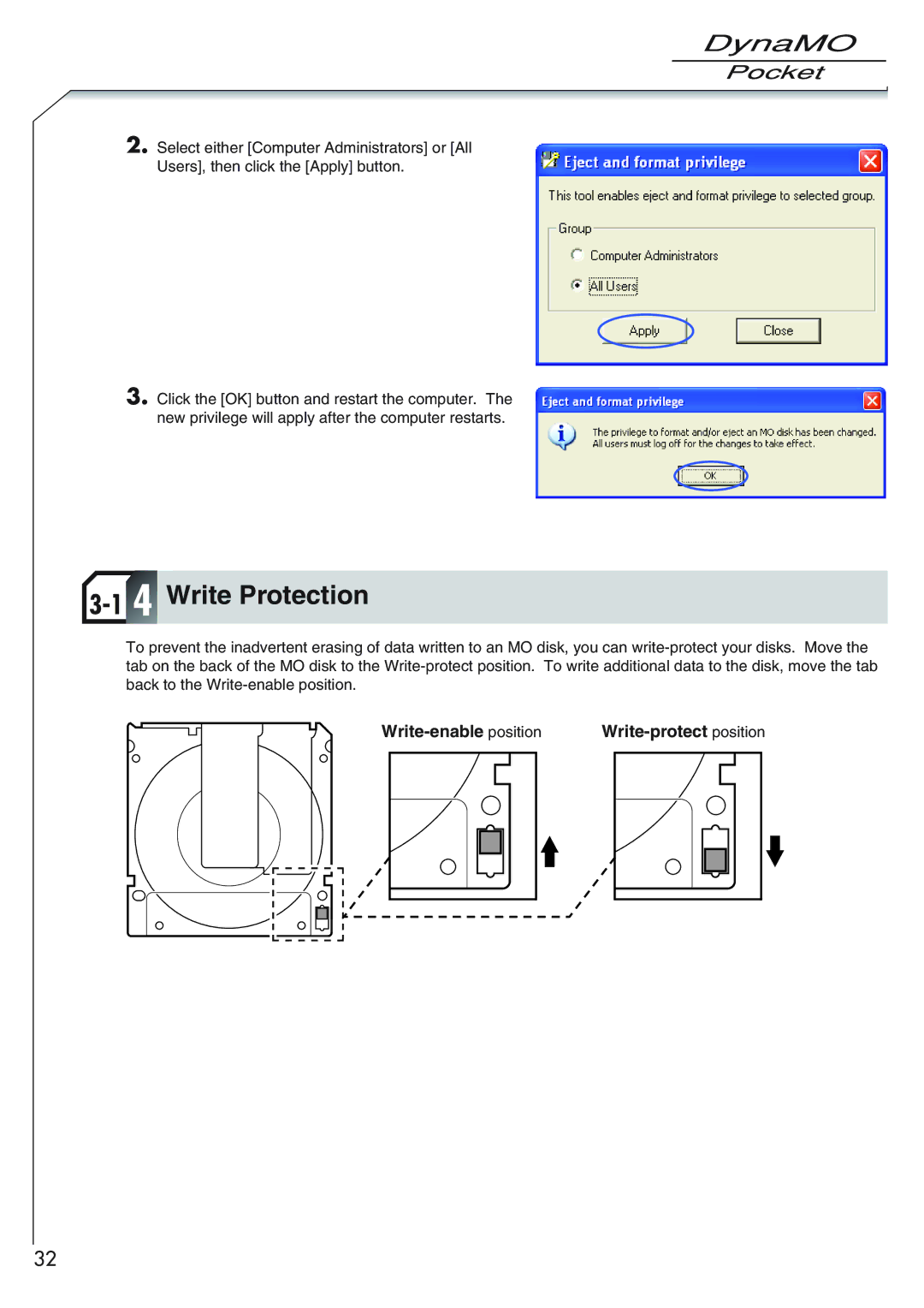 Fujitsu 1300U2 user manual Write Protection, Write-enable position 