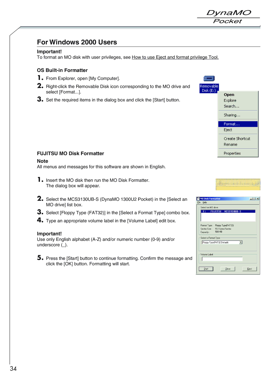 Fujitsu 1300U2 user manual For Windows 2000 Users, Fujitsu MO Disk Formatter 