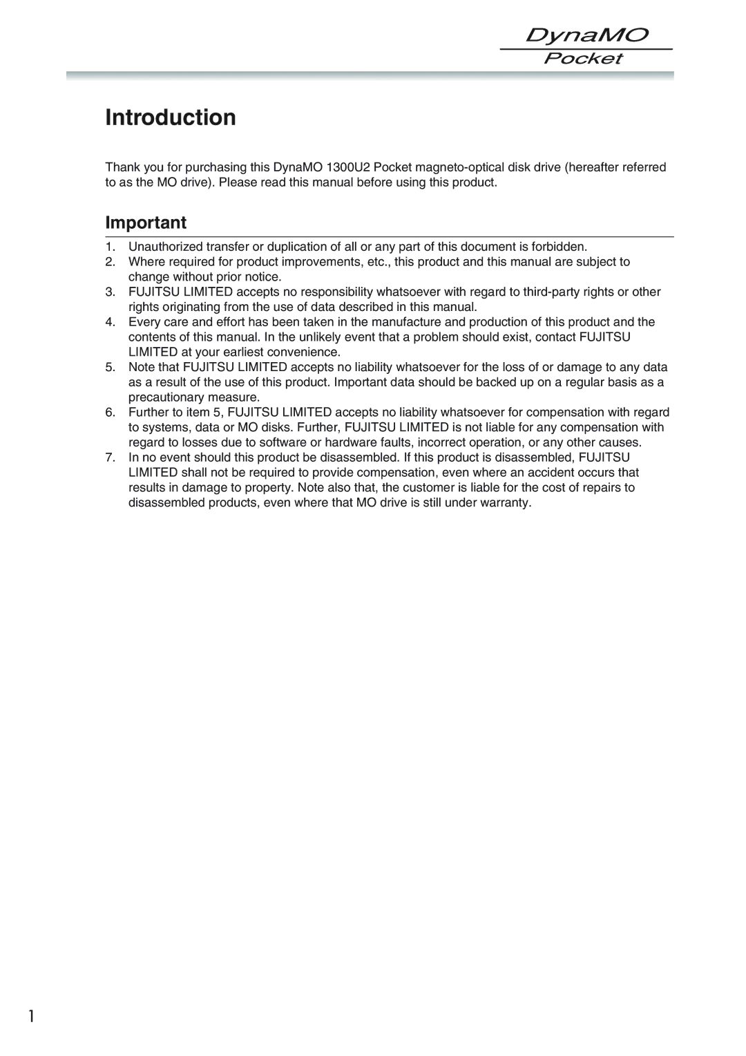 Fujitsu 1300U2 user manual Introduction 