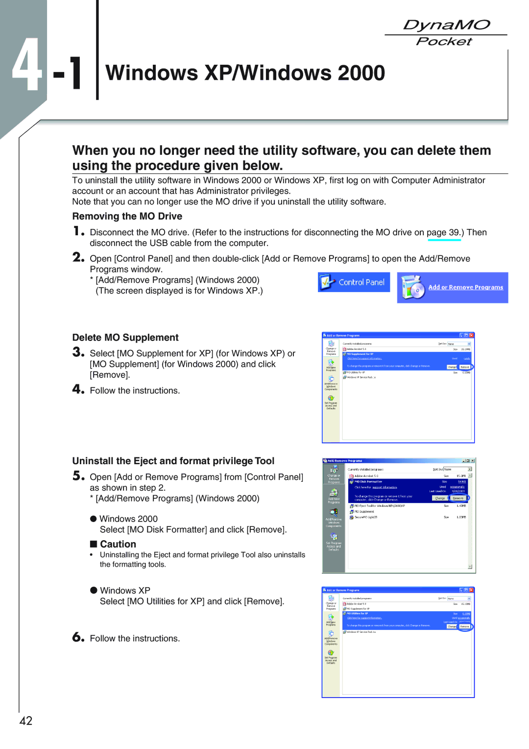 Fujitsu 1300U2 user manual 1Windows XP/Windows, Removing the MO Drive, Delete MO Supplement 