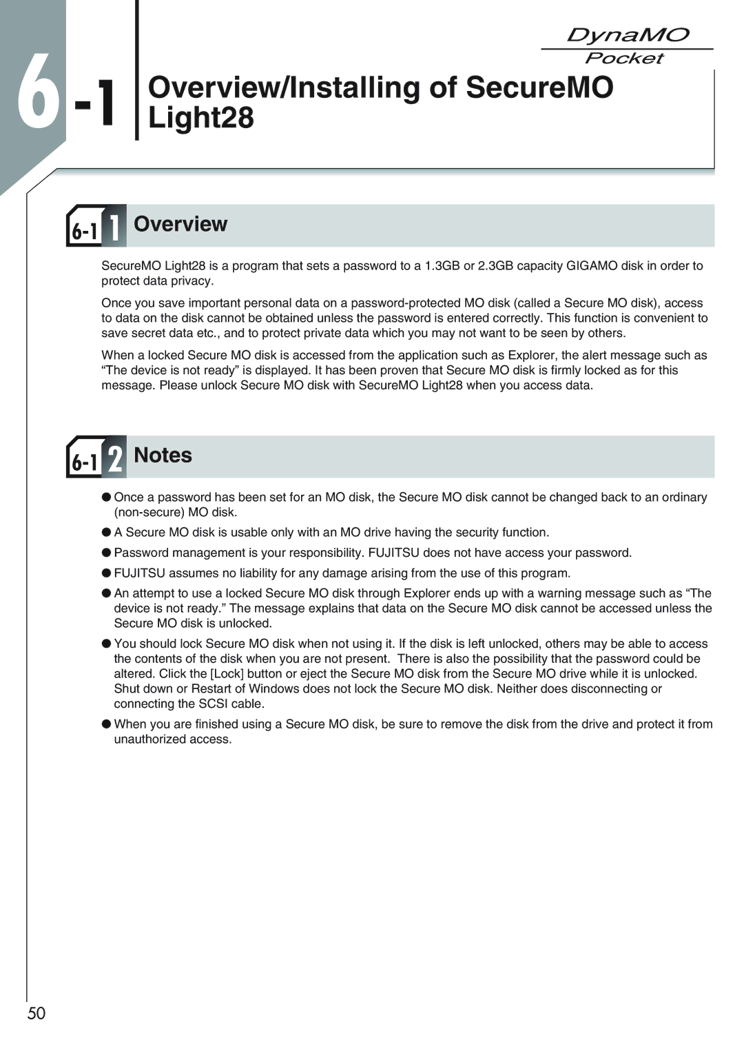 Fujitsu 1300U2 user manual 1Overview/InstallingLight28of SecureMO 