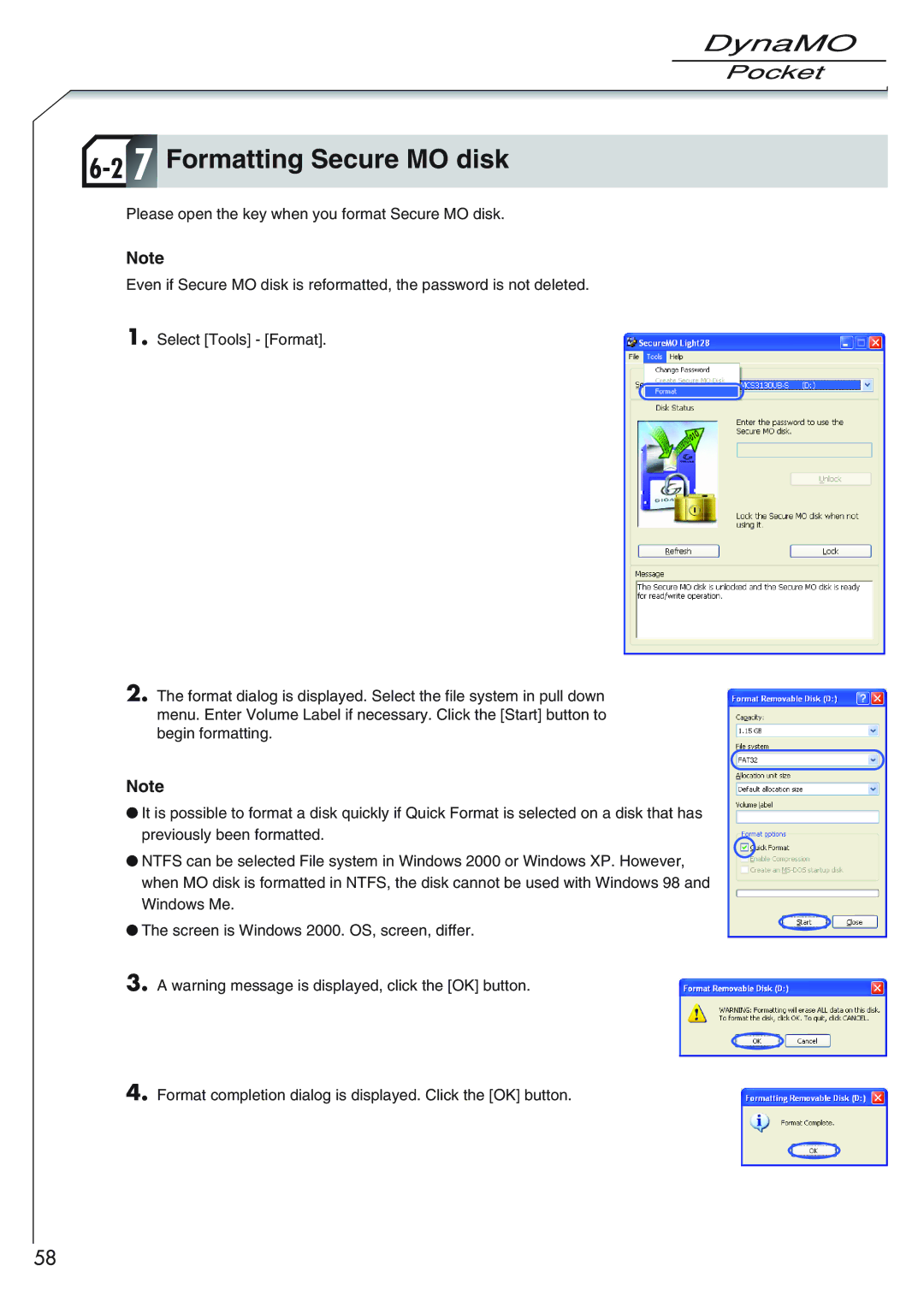 Fujitsu 1300U2 user manual Formatting Secure MO disk 