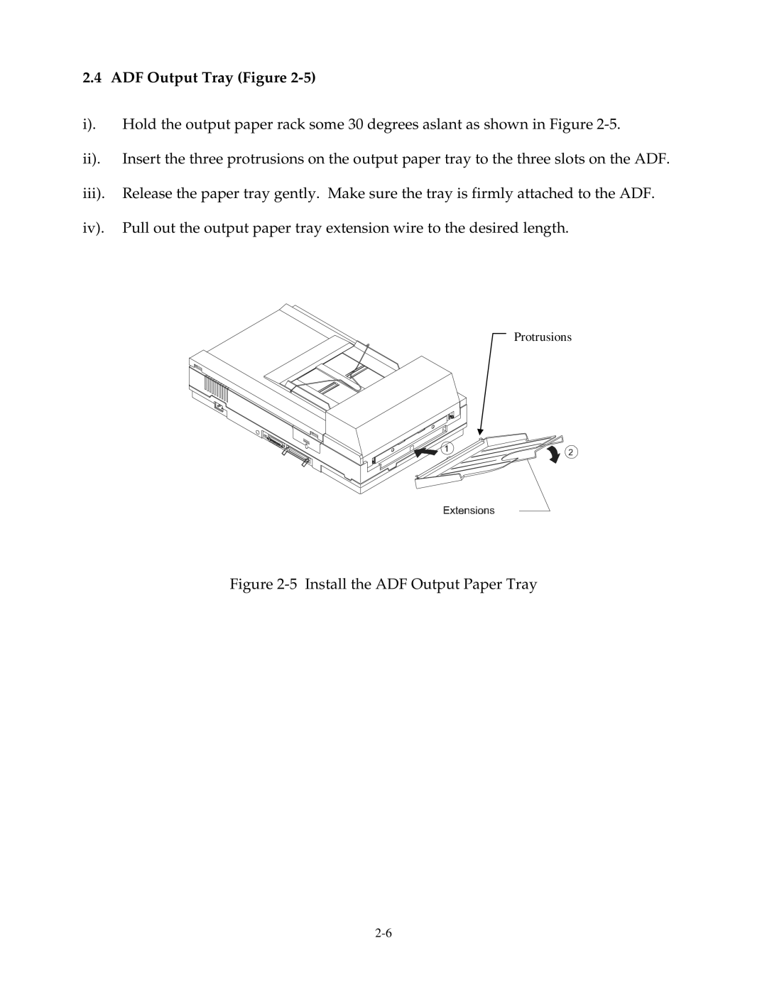 Fujitsu 15C user manual ADF Output Tray Figure, Hold the output paper rack some 30 degrees aslant as shown in Figure 
