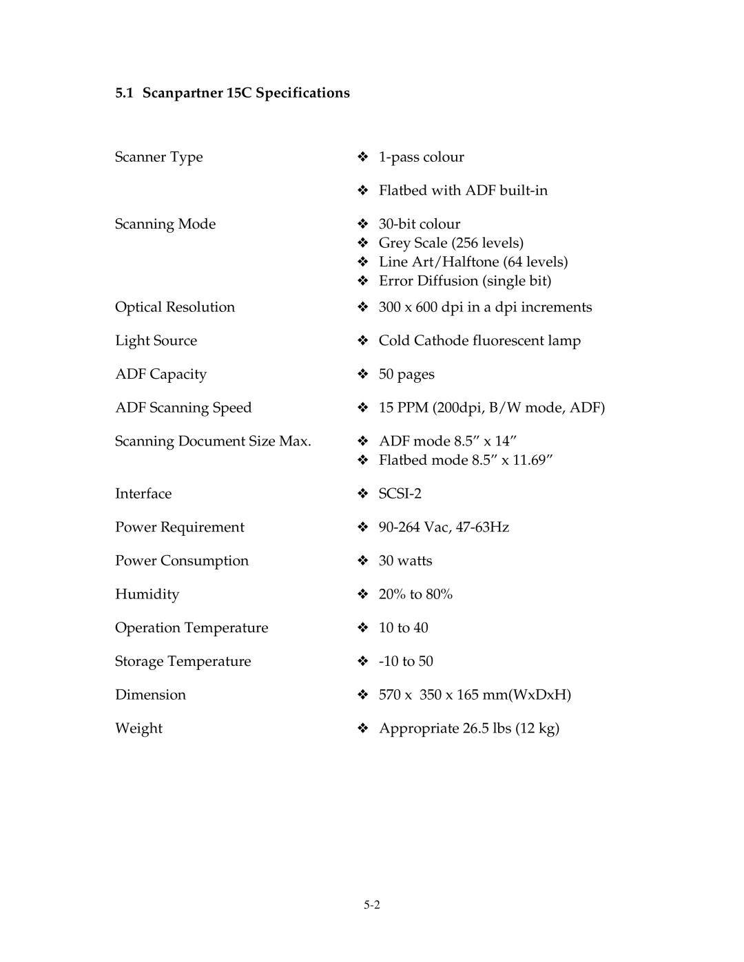 Fujitsu user manual Scanpartner 15C Specifications 