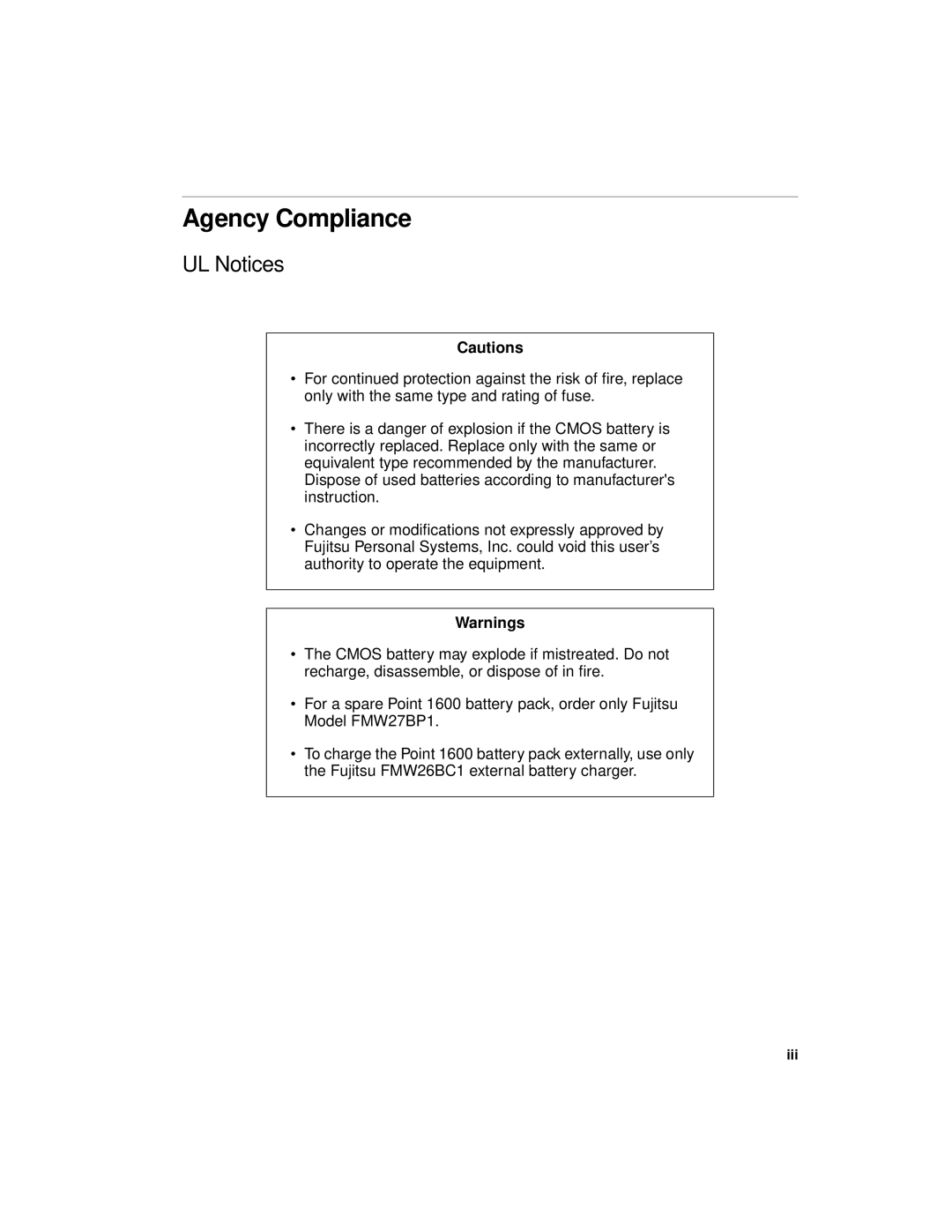 Fujitsu 1600 manual Agency Compliance, UL Notices, Cautions, Warnings 