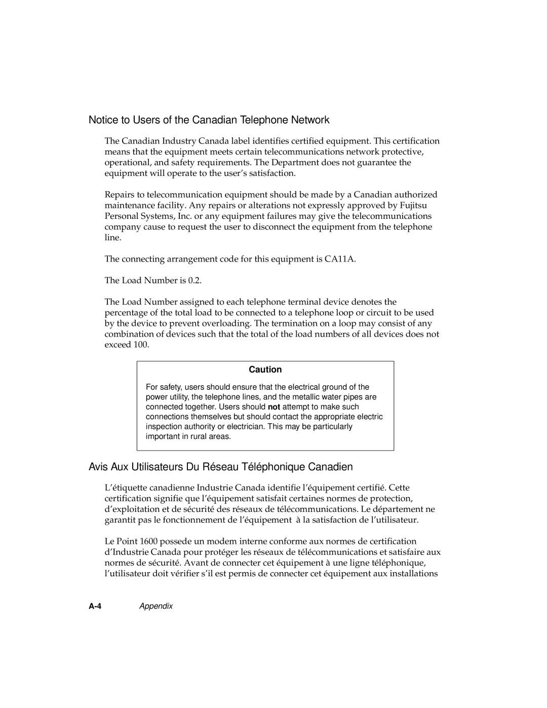 Fujitsu 1600 Notice to Users of the Canadian Telephone Network, Avis Aux Utilisateurs Du Réseau Téléphonique Canadien 