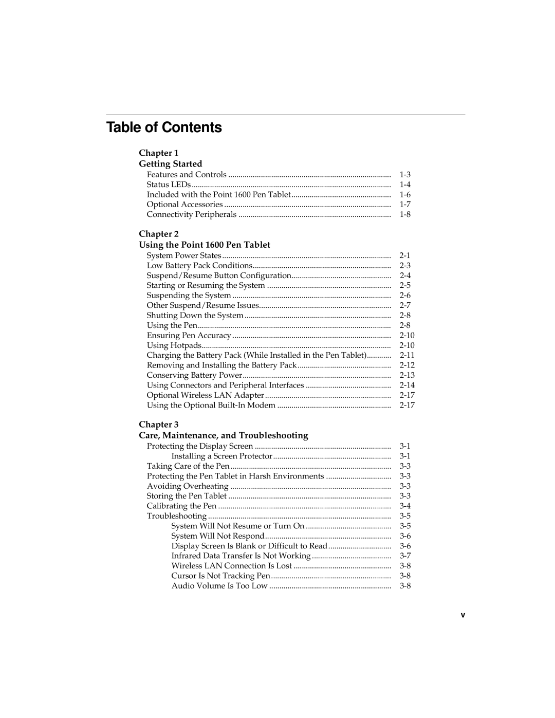 Fujitsu manual Table of Contents, Chapter Getting Started, Chapter Using the Point 1600 Pen Tablet 